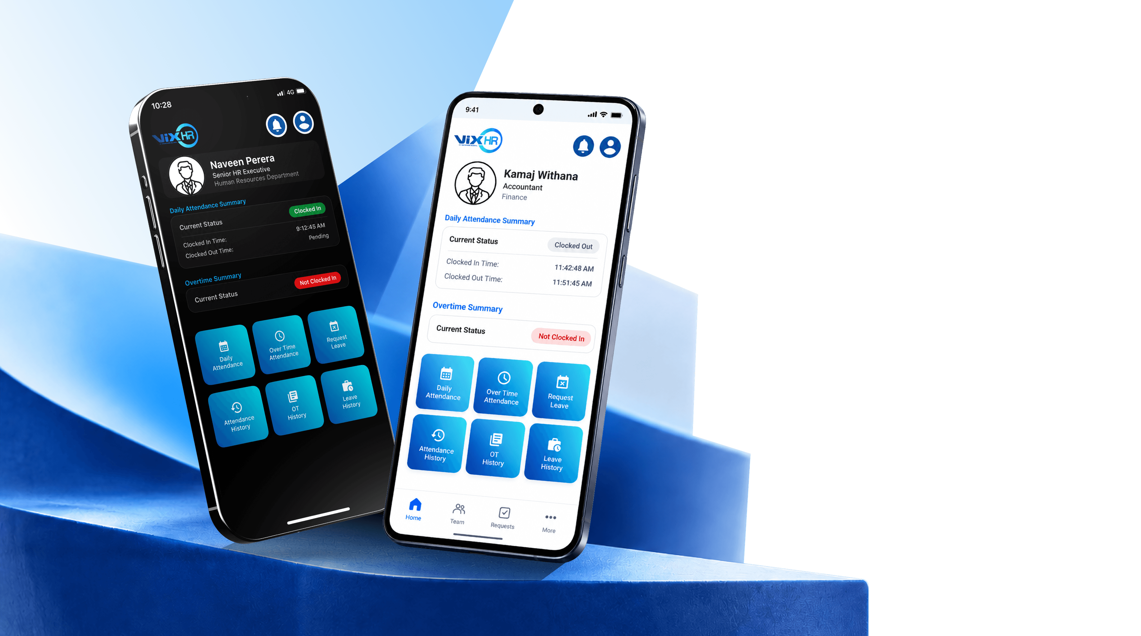 The VixHR mobile app on two phones, showing the attendance home screen in dark and light mode