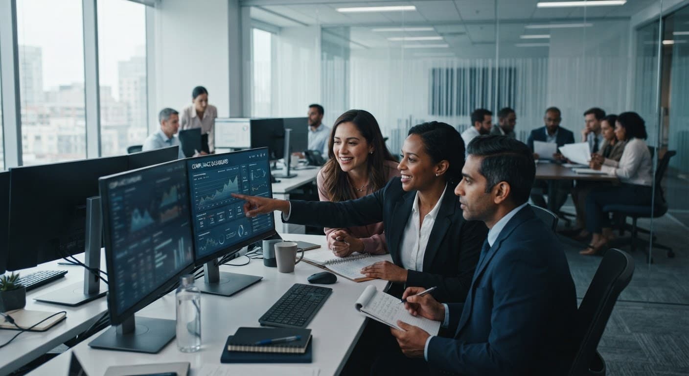Financial services team reviewing compliance reports