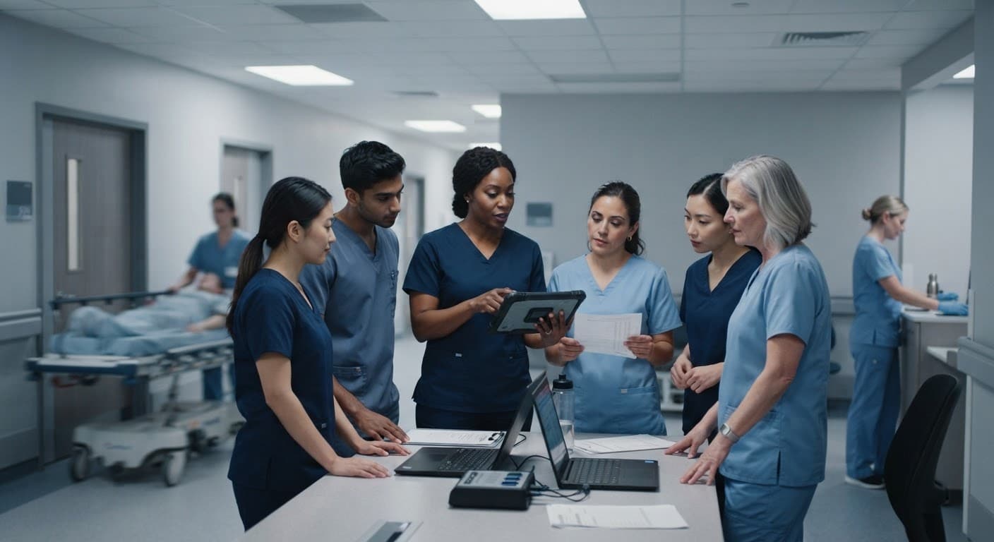 Healthcare staff on a hospital floor