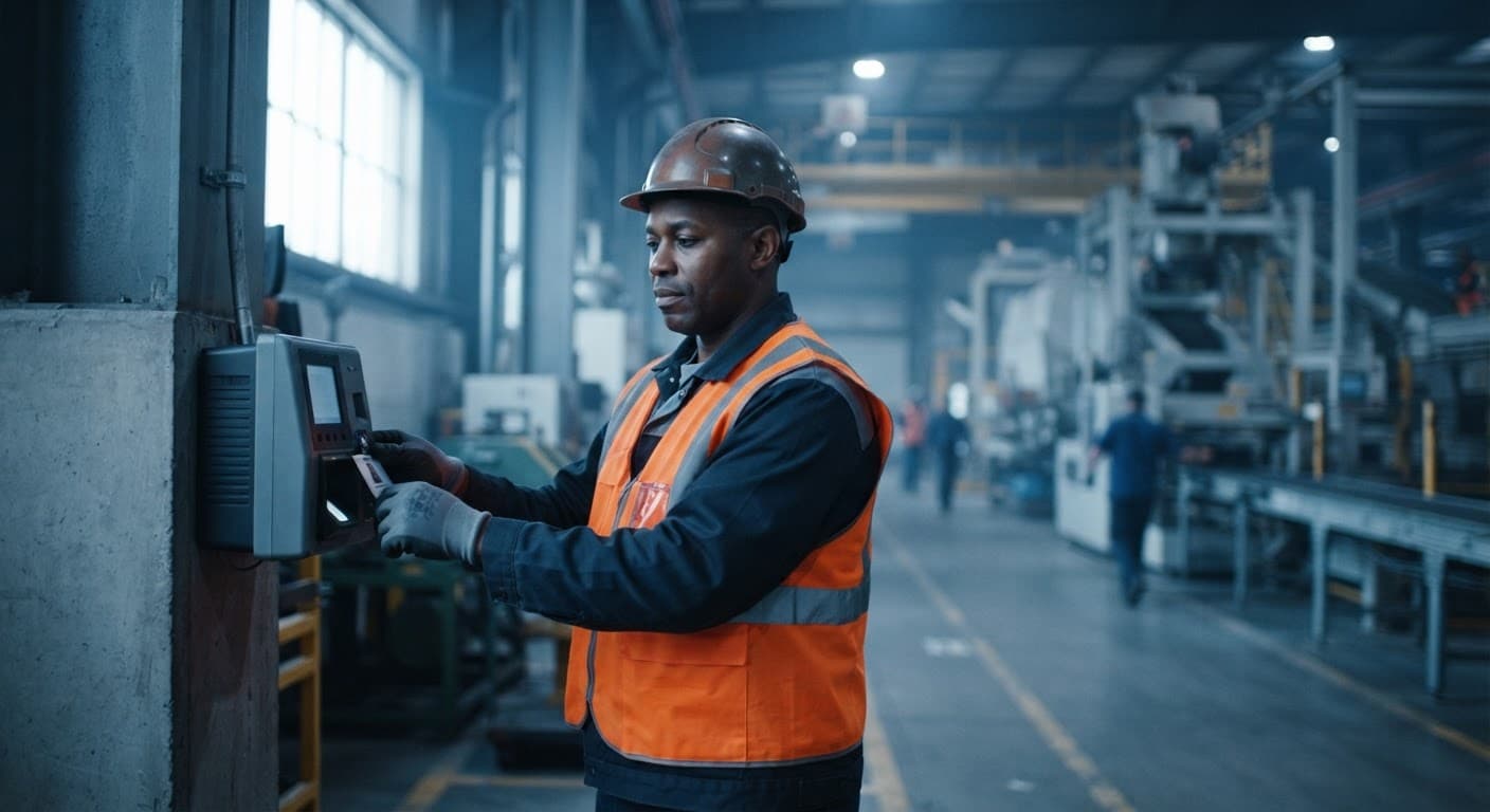 Factory floor workers clocking in