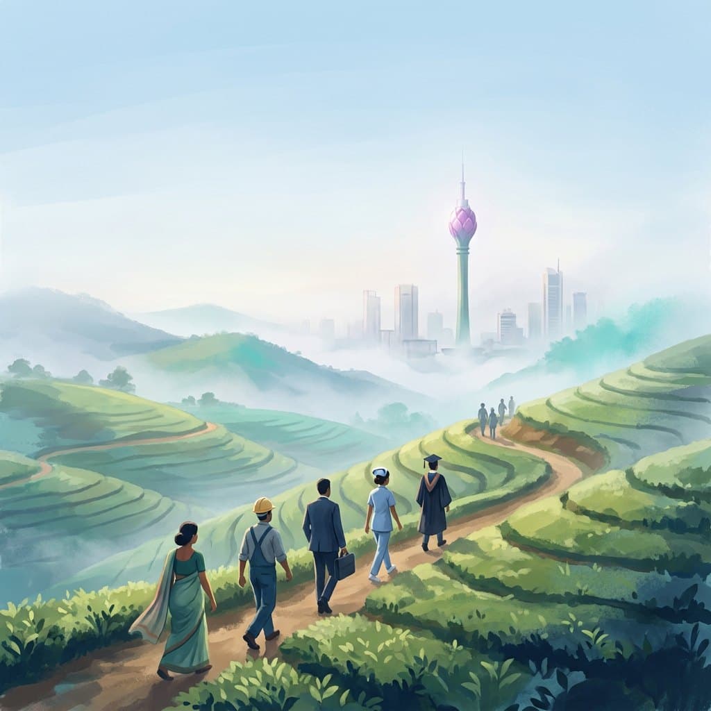 Painted illustration of working people walking up a path through Sri Lanka’s tea-covered hills towards the Colombo skyline and the Lotus Tower, under a soft blue morning sky
